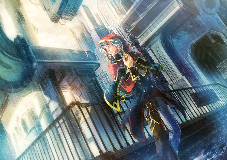 noki (affabile), silver hair, bad id, bad pixiv id, 1girl, building, city, cityscape, coat, dutch angle, female focus, perspective, rain, red eyes, road, solo, street