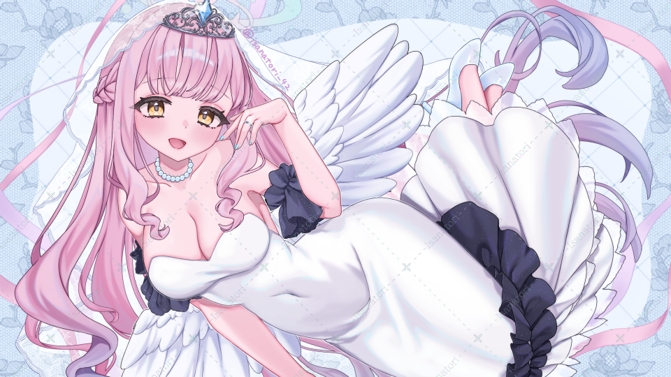 isanatori, blue archive, blue gem, commentary request, 1girl, alternate costume, aqua nails, bare shoulders, blush, breasts, cleavage, collarbone, covered navel, dress, feathered wings, fingernails, gem, hand up, jewelry, long hair, looking at viewer, low wings, medium breasts, nail polish, necklace, open mouth, pearl necklace, pink hair, solo, strapless, strapless dress, tiara, twitter username, veil, very long hair, white dress, white veil, white wings, wings, yellow eyes