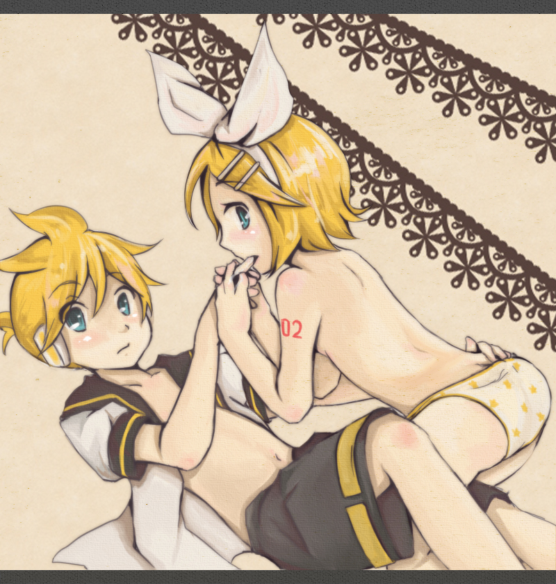 m eme, kagamine len, kagamine rin, vocaloid, biting finger, bad id, bad pixiv id, 1boy, 1girl, aqua eyes, back, biting, blonde hair, brother and sister, caught, hair ornament, hair ribbon, hairclip, headphones, hetero, incest, open clothes, open shirt, panties, ribbon, shirt, short hair, shorts, siblings, topless female, twincest, twins, underwear
