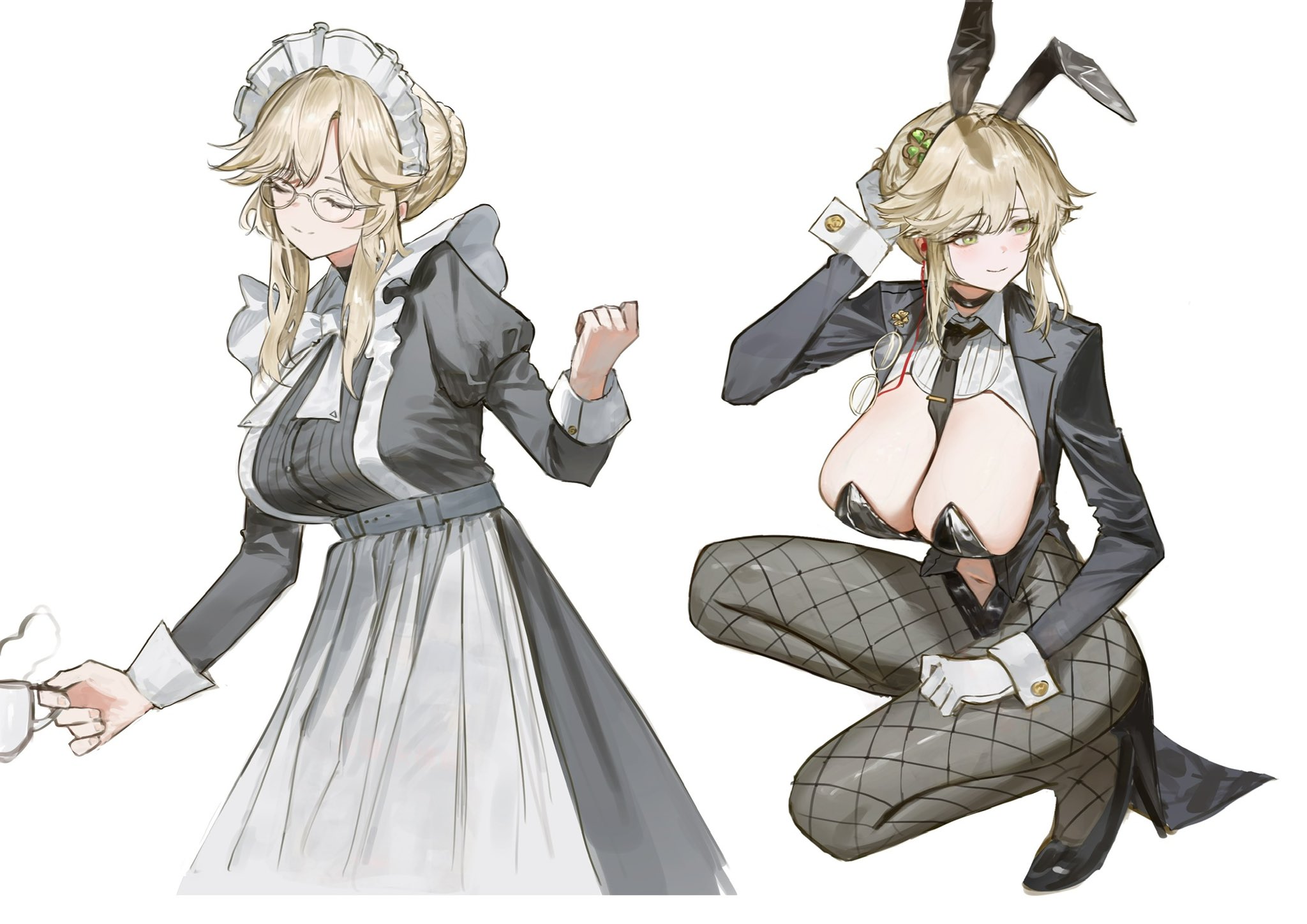lunifish, ade (agent bunny) (nikke), ade (nikke), goddess of victory: nikke, commentary request, highres, 1girl, animal ear hairband, animal ears, apron, black necktie, blonde hair, breasts, cleavage, fake animal ears, fishnet pantyhose, fishnets, glasses, green eyes, hairband, holding, large breasts, long hair, maid, maid apron, maid headdress, navel, necktie, pantyhose, playboy bunny, rabbit ear hairband, rabbit ears, semi-rimless eyewear, simple background, solo, white background