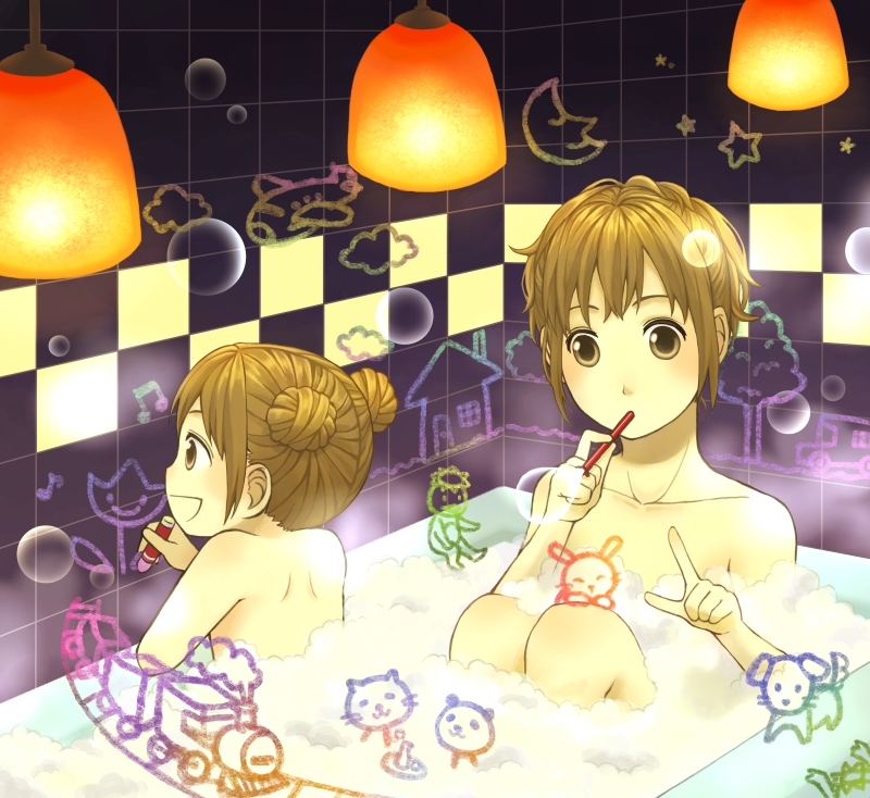fujino iro, oekaki musume, drawing, lights, bad id, bad pixiv id, 2girls, bath, bathroom, blowing bubbles, brown eyes, brown hair, bubble bath, cat, dog, double bun, drinking straw, hair bun, kappa, marker, multiple girls, panda, rabbit, short hair, train