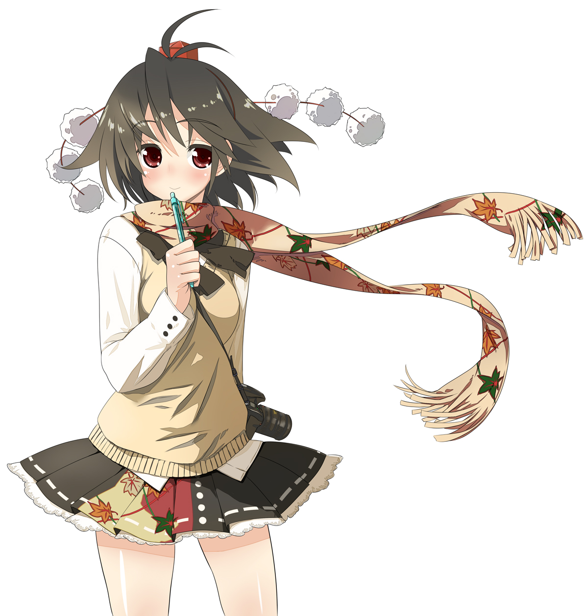 mahan (clock hearts), shameimaru aya, touhou, highres, 1girl, ahoge, alternate costume, blush, brown hair, camera, contemporary, female focus, hat, looking at viewer, miniskirt, pencil, red eyes, scarf, short hair, simple background, skirt, smile, solo, sweater vest, tokin hat