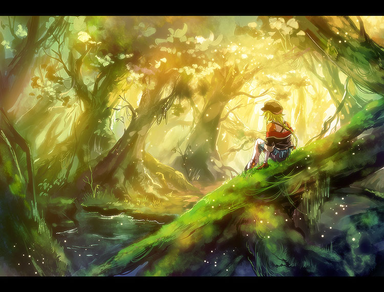 noki (affabile), bad id, bad pixiv id, 1girl, blonde hair, female focus, forest, hat, letterboxed, nature, pool, scenery, solo, sunlight, sunset, tree, water