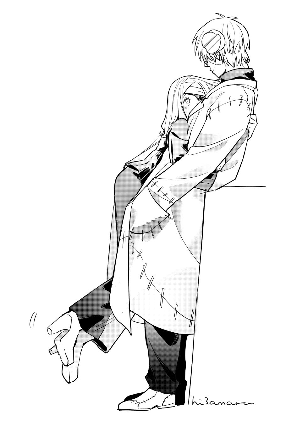 hissiu, franken stein (soul eater), marie mjolnir, soul eater, commentary request, highres, 1boy, 1girl, coat, couple, eyepatch, greyscale, hand in pocket, hetero, high heels, hug, leaning back, looking at another, monochrome, object through head, screw in head, simple background, white background