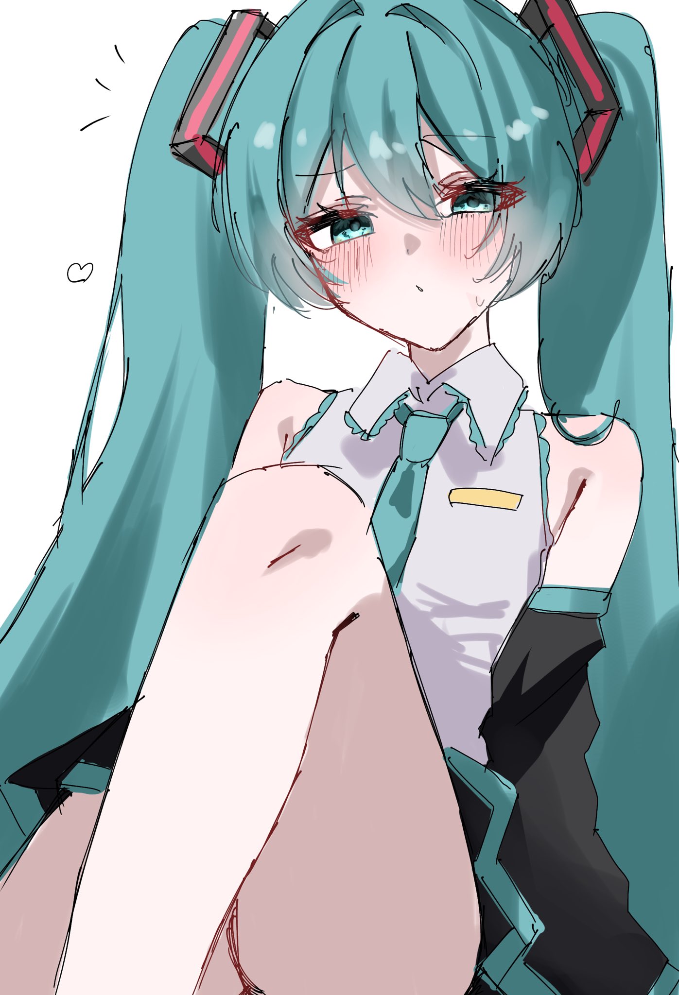 mamekiti k, hatsune miku, vocaloid, commentary request, highres, 1girl, aqua eyes, aqua necktie, bare shoulders, convenient leg, detached sleeves, long hair, looking at viewer, necktie, pleated skirt, shirt, simple background, sitting, sketch, skirt, sleeveless, sleeveless shirt, solo, twintails, white background, white shirt