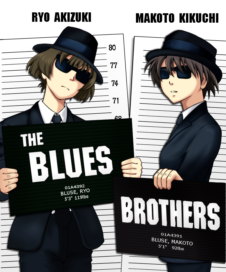 shrimp (artist), shuri yashiki, akizuki ryo, kikuchi makoto, blues brothers, idolmaster, idolmaster (classic), idolmaster dearly stars, the blues brothers, 1boy, 1girl, androgynous, black hair, brown hair, crossdressing, fedora, formal clothes, hat, holding, holding sign, mugshot, necktie, pant suit, pants, parody, reverse trap, sign, sign holding, suit, sunglasses, tomboy