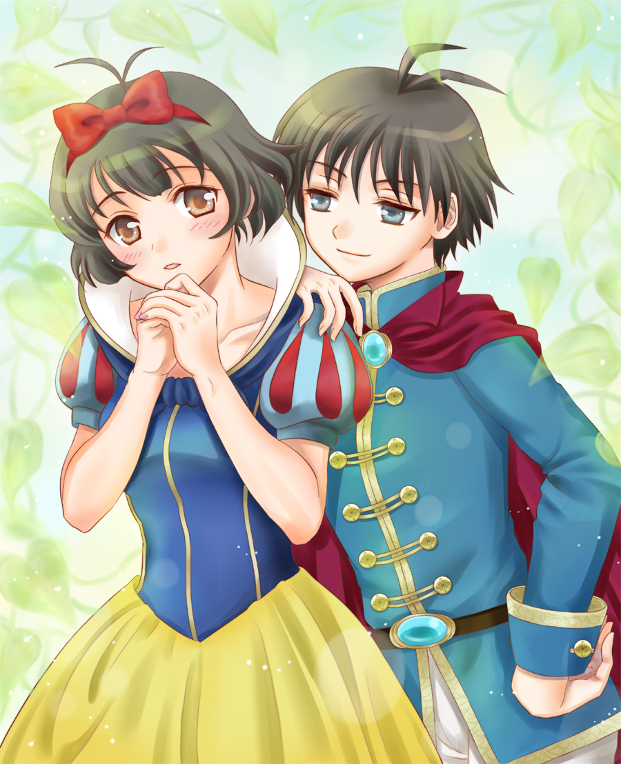 ariga nao, akizuki ryo, kikuchi makoto, snow white (disney), disney, idolmaster, idolmaster (classic), idolmaster dearly stars, snow white and the seven dwarfs (disney), folklore, md5 mismatch, resolution mismatch, source larger, 1boy, 1girl, androgynous, antenna hair, black hair, blue eyes, blush, bow, brown eyes, brown hair, cosplay, crossdressing, crossdressing (ftm), crossdressing (mtf), dress, fairy tales, hairband, nail polish, open mouth, own hands together, parody, pink nails, puff and slash sleeves, puffy sleeves, reverse trap, role reversal, short hair, smile, snow white (disney) (cosplay), trap