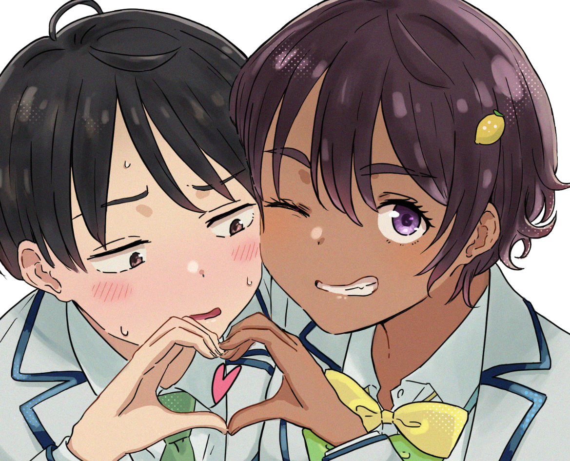 nukumizu kazuhiko, yakishio lemon, make heroine ga oo sugiru!, commentary request, 1boy, 1girl, black hair, blush, bow, bowtie, brown hair, cheek-to-cheek, clenched teeth, dark-skinned female, dark skin, food-themed hair ornament, fruit hair ornament, fujimachi masa, green bow, green bowtie, green necktie, grin, hair ornament, heads together, heart, heart hands, heart hands duo, jacket, lemon hair ornament, looking at viewer, necktie, one eye closed, parted lips, portrait, school uniform, shirt, simple background, smile, sweat, teeth, tsuwabuki high school uniform, white background, white jacket, white shirt, wing collar, yellow bow, yellow bowtie