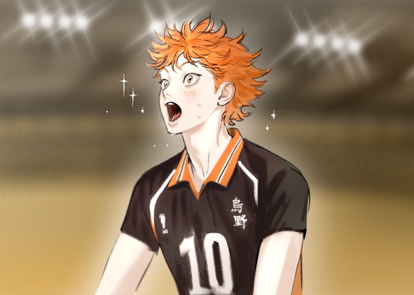 mh o o9, hinata shouyou, haikyuu!!, commentary request, korean commentary, 1boy, black shirt, blurry, blurry background, blush, collared shirt, karasuno volleyball uniform, male focus, open mouth, orange hair, shirt, short hair, solo, sparkle, sweat, teeth, upper body