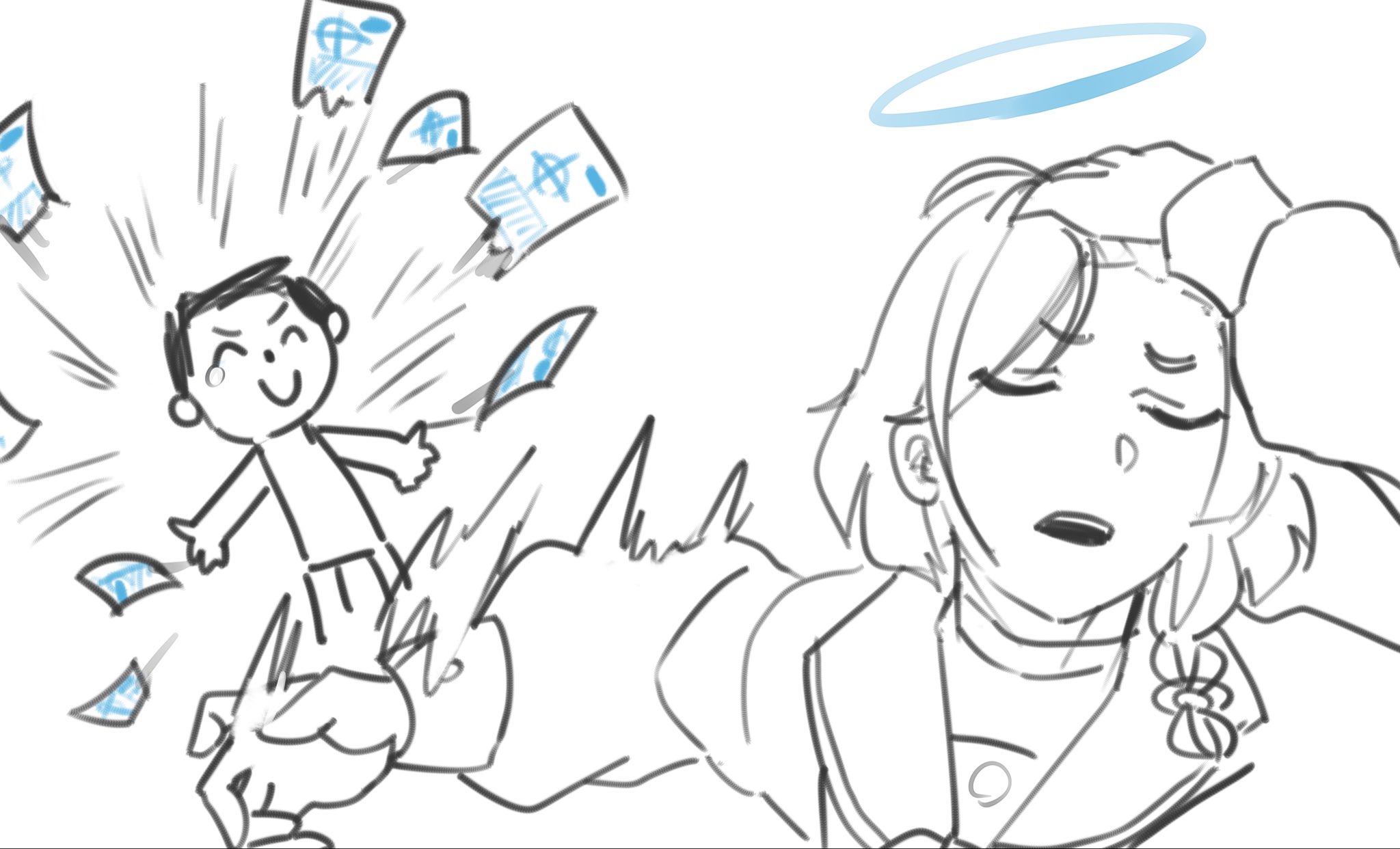 gabang, arona (blue archive), doodle sensei (blue archive), sensei (blue archive), blue archive, jujutsu kaisen, hashtag-only commentary, highres, 1boy, 1girl, blue halo, envelope, false smile, gacha (game mechanic), halo, parody, recruitment (blue archive), scene reference, smile, spot color, tearing up