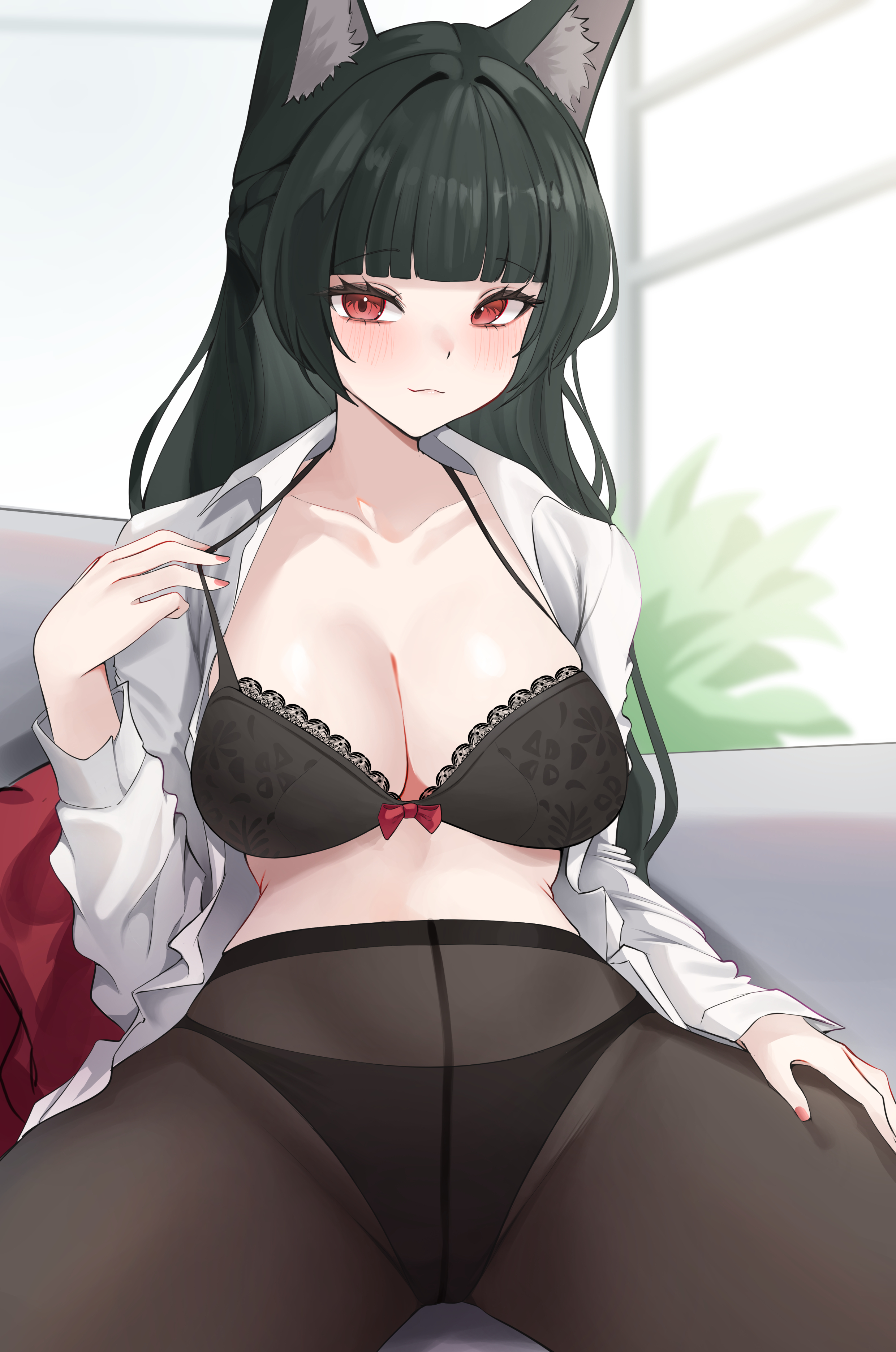 pynkmouth, hoshimi miyabi, zenless zone zero, absurdres, commentary, commission, highres, 1girl, animal ears, black bra, black panties, black pantyhose, blush, bra, breasts, fox ears, fox girl, indoors, large breasts, looking at viewer, open clothes, open shirt, panties, panties under pantyhose, pantyhose, red eyes, shirt, sitting, underwear, white shirt