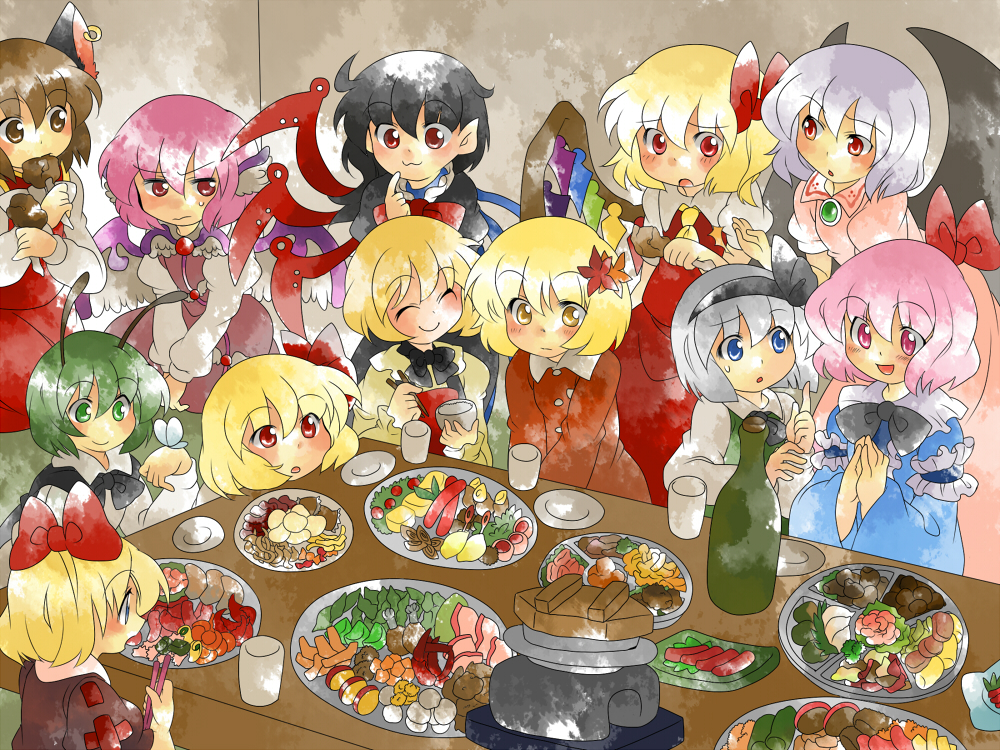 hammer (sunset beach), aki minoriko, aki shizuha, chen, flandre scarlet, houjuu nue, konpaku youmu, medicine melancholy, mystia lorelei, remilia scarlet, rumia, saigyouji yuyuko, wriggle nightbug, touhou, bad id, bad pixiv id, 6+girls, :3, blonde hair, feast, female focus, food, happy, index finger raised, multiple girls, no headwear, oden, red eyes, smile
