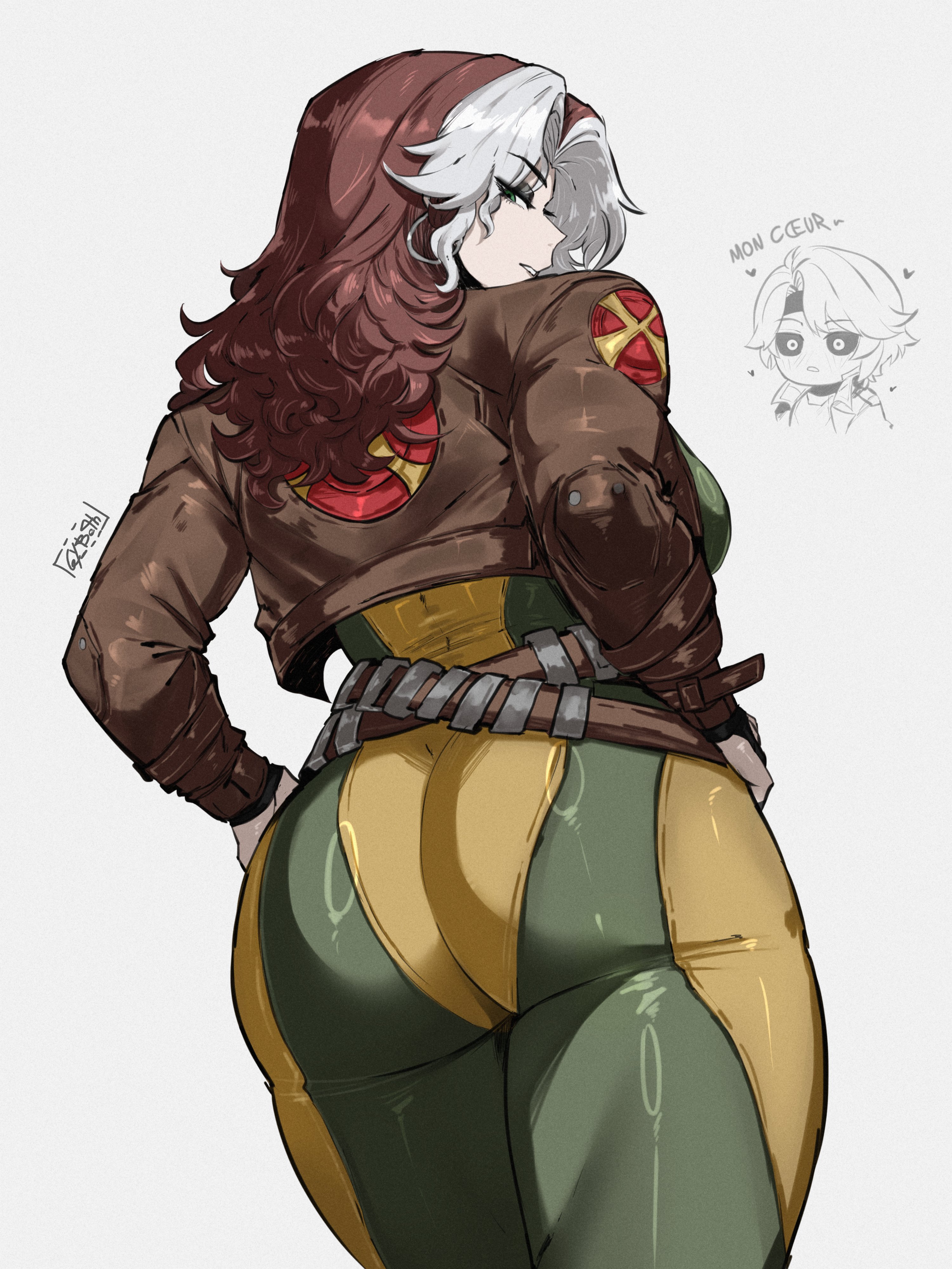 gy beth, gambit, rogue (x-men), marvel, marvel rivals, x-men, thighs together, absurdres, commentary, english commentary, highres, 1boy, 1girl, artist name, ass, belt, bodysuit, breasts, brown hair, brown jacket, colored bangs, cowboy shot, cropped jacket, doodle inset, eyelashes, from behind, from below, green bodysuit, green eyes, hair intakes, hands on own hips, jacket, leather, leather jacket, long hair, looking at viewer, looking back, multicolored bodysuit, multicolored hair, parted bangs, solo focus, superhero costume, teeth, thick thighs, thighs, two-tone bodysuit, two-tone hair, wavy hair, white background, white hair, x (symbol), yellow bodysuit