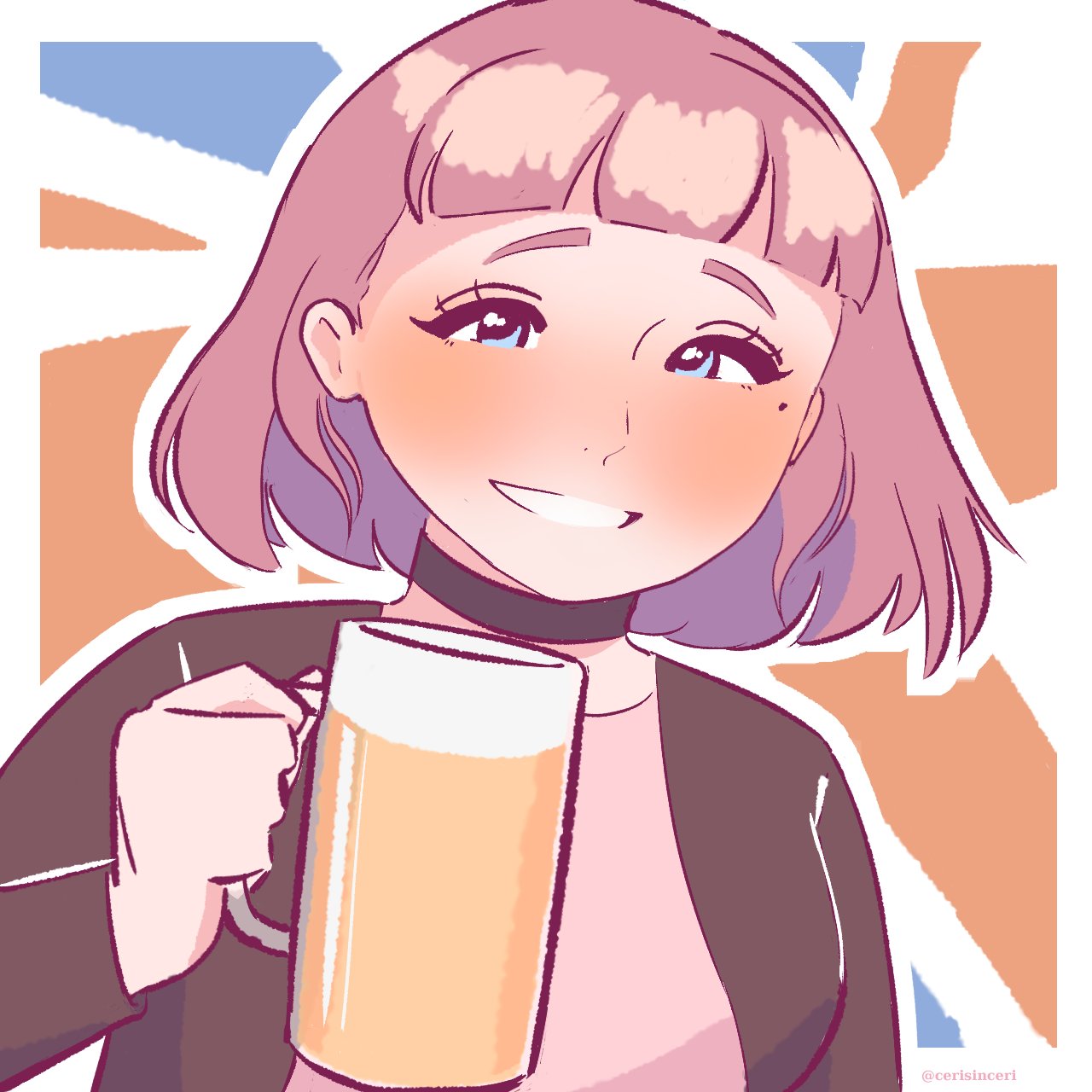 cerisinceri, amelia (pathways), pathways (game), commentary, english commentary, highres, 1girl, 2026, alcohol, animification, artist name, bag, beer mug, black jacket, blue eyes, blunt bangs, blush, bob cut, breasts, choker, clenched teeth, earrings, eyebrows hidden by hair, female focus, flag, grin, jacket, jewelry, long sleeves, looking at viewer, mole, mole under eye, mug, outline, short hair, small breasts, smile, teeth, union jack, upper body