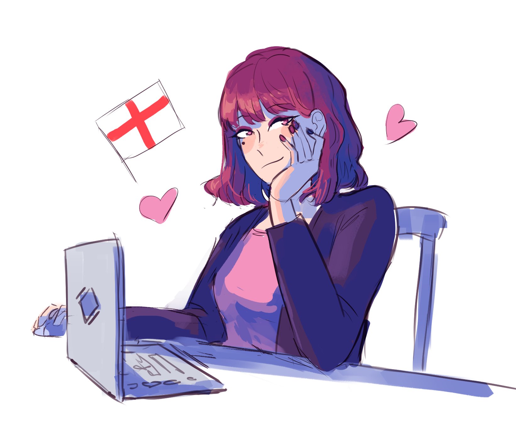 maindrethefloop, amelia (pathways), pathways (game), commentary, english commentary, highres, 1girl, 2026, animification, artist name, bag, black jacket, blunt bangs, blush, bob cut, breasts, choker, clenched teeth, computer, computer mouse, cross of saint george, earrings, female focus, flag, heart, jacket, jewelry, laptop, long sleeves, looking at viewer, mole, mole under eye, purple eyes, purple nails, short hair, sitting, small breasts, smirk, teeth