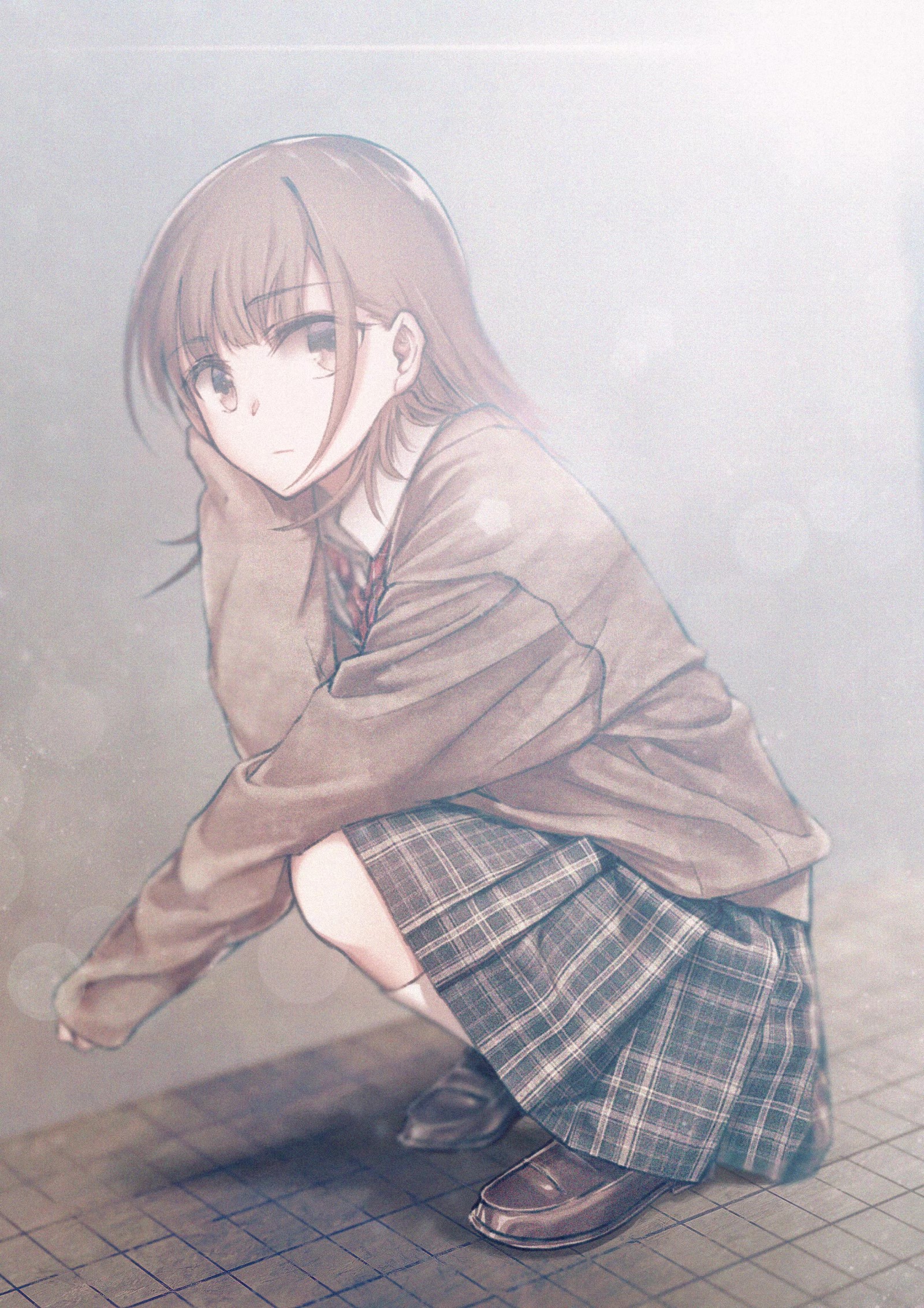 miyabulb, misaka mikoto, toaru kagaku no railgun, toaru majutsu no index, commentary request, highres, 1girl, brown eyes, brown hair, brown shoes, brown sweater vest, hand on own face, kneehighs, looking at viewer, medium hair, school uniform, shoes, skirt, socks, solo, squatting, sweater vest, tokiwadai school uniform, white socks