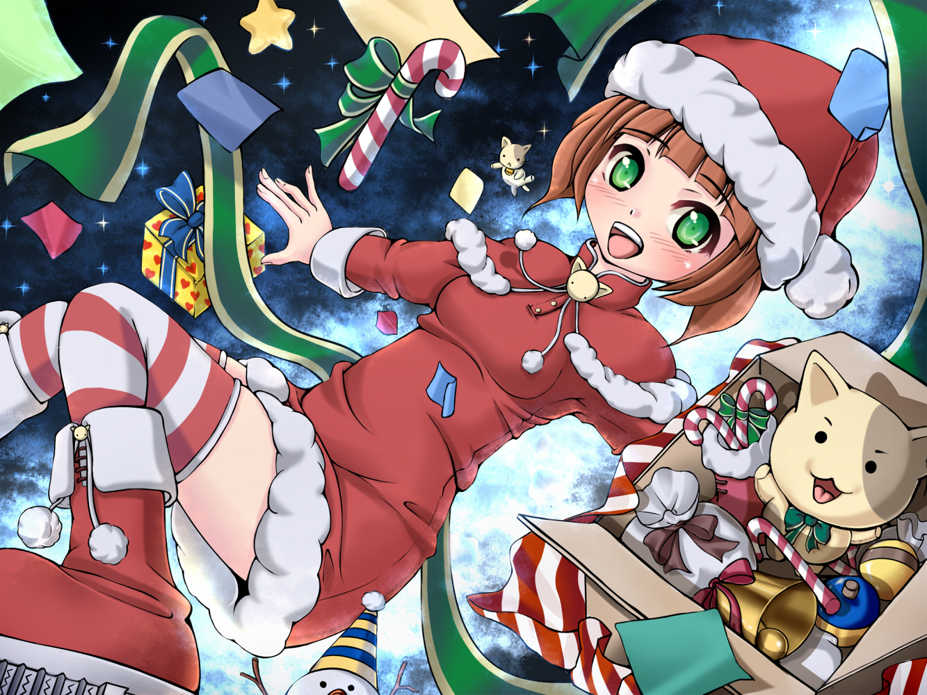 chibimame, takatsuki yayoi, idolmaster, idolmaster (classic), bell, box, brown hair, candy, candy cane, cat, christmas, food, gift, green eyes, hat, santa costume, santa hat, snowman, solo, striped clothes, striped thighhighs, thighhighs, toy