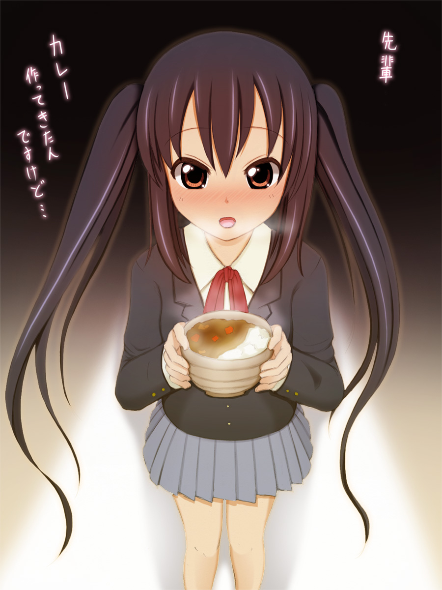 mazakura senju, nakano azusa, k-on!, bad id, bad pixiv id, highres, translated, 1girl, black hair, blush, bowl, brown eyes, curry, female focus, food, gradient background, long hair, neck ribbon, red ribbon, ribbon, school uniform, solo, twintails