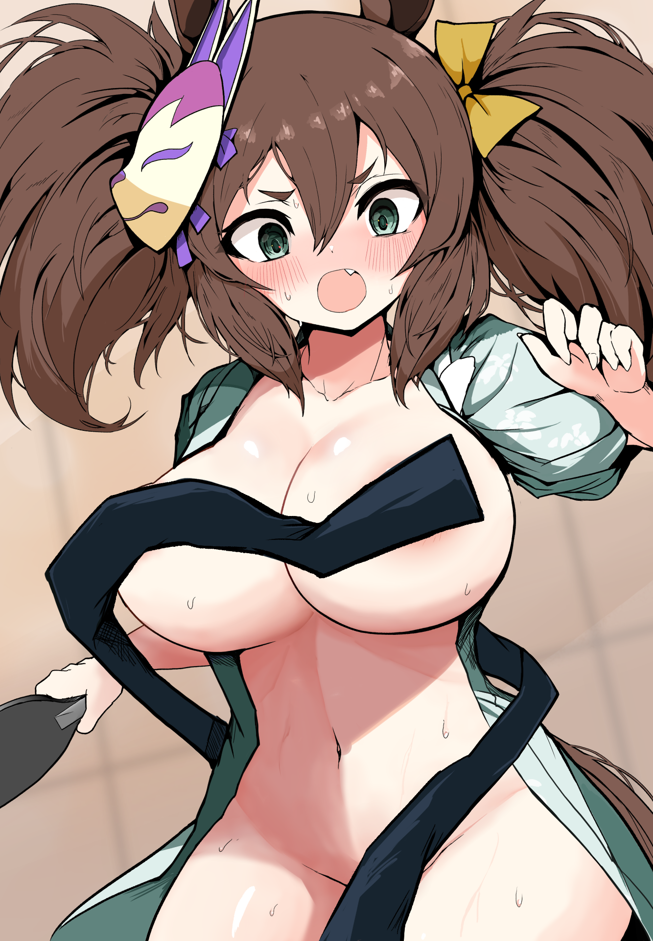 akizuki shigure, inari one (umamusume), umamusume, commentary request, highres, paid reward available, variant set, 1girl, animal ears, areola slip, big hair, blurry, blurry background, blush, bow, breasts, brown hair, convenient censoring, cowboy shot, fang, fingernails, fox mask, furrowed brow, green eyes, groin, hair between eyes, hair bow, holding, holding paddle, holding table tennis paddle, horse ears, horse girl, horse tail, japanese clothes, kimono, looking down, mask, mask on head, naked kimono, navel, no bra, no panties, open clothes, open kimono, open mouth, paddle, short eyebrows, solo, stomach, sweat, table tennis paddle, tail, wardrobe malfunction