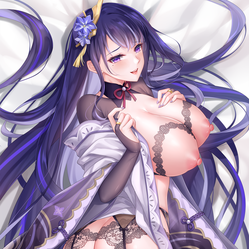 kl501, raiden shogun, genshin impact, commentary, 1girl, ass, ass focus, bed, bed sheet, blunt bangs, blush, breasts, bridal gauntlets, close-up, clothing cutout, dakimakura (medium), electro symbol (genshin impact), from side, gigantic breasts, hair down, hair ornament, happy, head tilt, huge breasts, indoors, japanese clothes, kimono, long hair, looking at viewer, looking to the side, lying, mitsudomoe (shape), mole, mole under eye, multicolored hair, naughty face, neck ribbon, nipples, nude, off shoulder, on side, open mouth, puffy nipples, purple eyes, purple hair, purple kimono, purple nails, red ribbon, red sash, ribbon, sash, shoulder cutout, smile, solo, streaked hair, tomoe (symbol), underwear, upper body