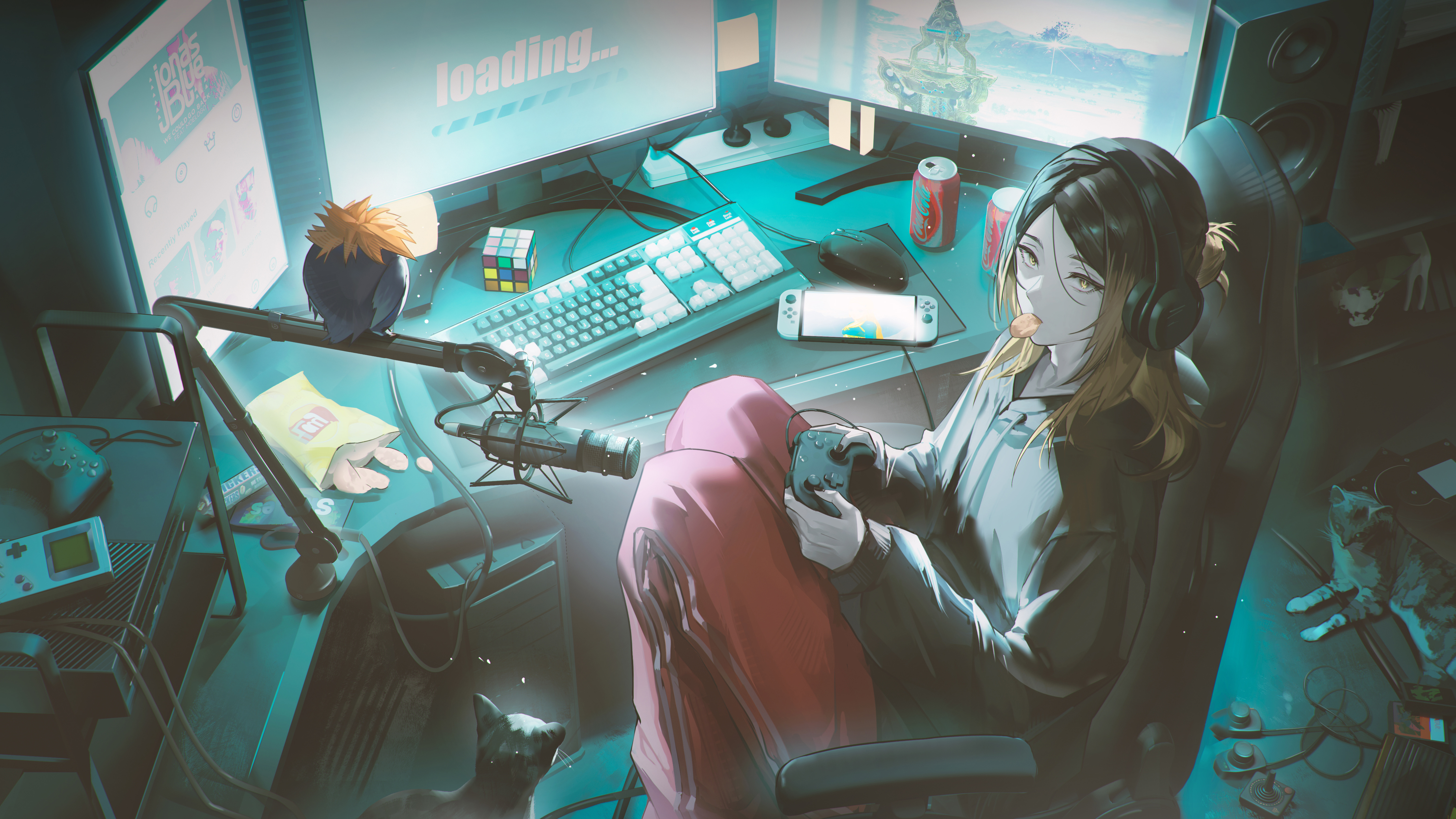 kyaichiko, hinata shouyou, kozume kenma, haikyuu!!, absurdres, chinese commentary, commentary, highres, 1boy, aged up, animal, animalization, bird, black hair, black hoodie, blonde hair, cat, chair, chips (food), computer, computer mouse, controller, food, food in mouth, game controller, gaming chair, holding, holding controller, holding game controller, hood, hoodie, male focus, medium hair, microphone, monitor, multicolored hair, nintendo switch, on chair, pants, potato chips, red pants, roots (hair), sitting, solo, swivel chair, two-tone hair