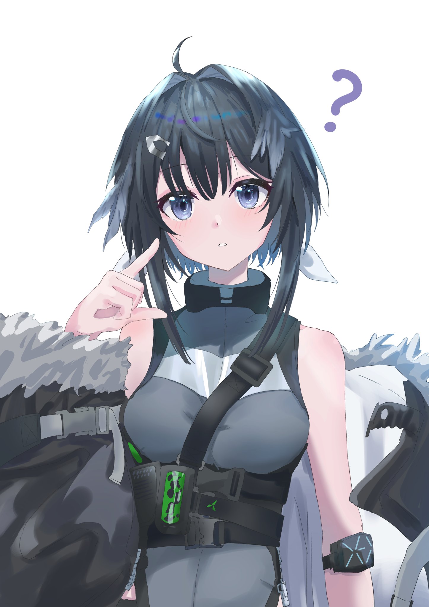 kayoru higasa, infection monitor (arknights), la pluma (arknights), arknights, commentary, highres, 1girl, ?, ahoge, black eyes, black hair, black jacket, black shirt, fur trim, hair ornament, hairclip, hand up, jacket, parted lips, pointing, pointing at self, shirt, short hair, simple background, sleeveless, sleeveless shirt, solo, upper body, white background