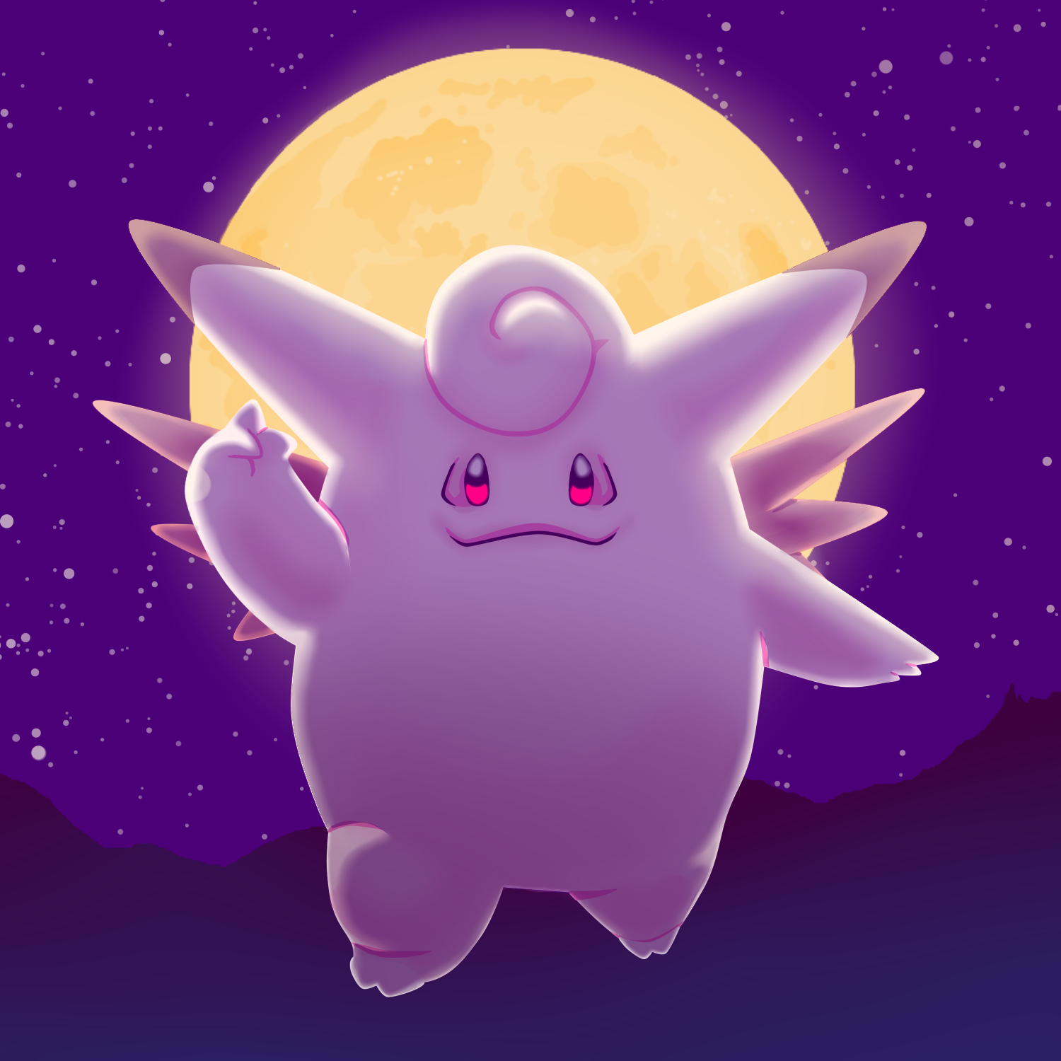 brian danger art, clefairy, nintendo, pokemon, highres, back spikes, black sclera, colored sclera, colored skin, full moon, gen 1 pokemon, horns, moon, mountainous horizon, night, no humans, open mouth, pink skin, pokemon (creature), pokemon focus, purple sky, sky, smile, white eyes