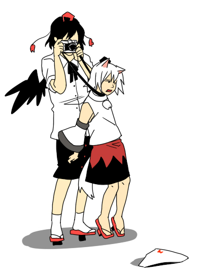 re ghotion, inubashiri momiji, shameimaru aya, touhou, 2girls, female focus, geta, hat, multiple girls, tengu-geta