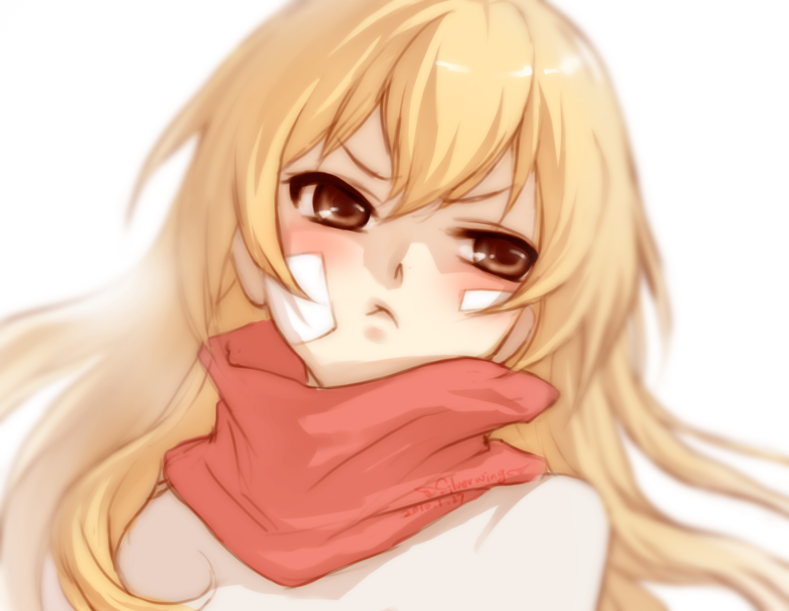 silverwing, aisaka taiga, toradora!, bad id, bad pixiv id, highres, 1girl, bandages, blonde hair, blush, brown eyes, brown hair, female focus, long hair, pout, scarf, solo, tsundere