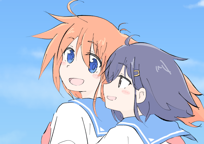 nick150iso, kokomine cocona, papika (flip flappers), flip flappers, 2girls, :d, ahoge, antenna hair, blue eyes, blue hair, blue sailor collar, blush stickers, floating hair, long hair, looking at another, looking back, multiple girls, neckerchief, open mouth, orange hair, pink neckerchief, profile, sailor collar, school uniform, serafuku, short hair, sky, smile