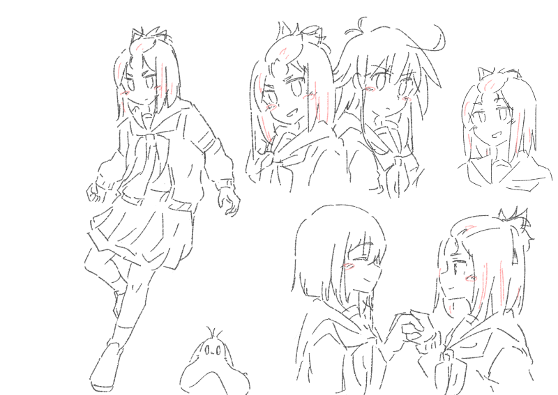 nick150iso, kokomine cocona, papika (flip flappers), uexkull, yayaka, flip flappers, 3girls, :<, ^ ^, bangs pinned back, cardigan, closed eyes, creature, cropped torso, facing another, full body, holding hands, looking at another, monochrome, multiple girls, multiple views, neckerchief, open cardigan, open clothes, open mouth, pleated skirt, profile, school uniform, serafuku, short hair, side-by-side, sketch, skirt, smile, socks, upper body