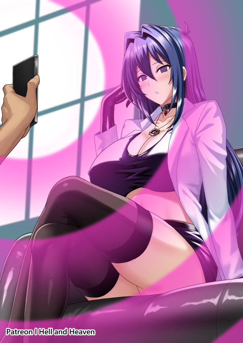 hellandheaven, nijou aki, maken-ki!, 1boy, 1girl, black gloves, black skirt, black sports bra, black thighhighs, blue hair, blush, breasts, cellphone, chair, closed mouth, coach, collarbone, crossed legs, empty eyes, gloves, holding, holding phone, hypnosis, indoors, jewelry, large breasts, long hair, looking at viewer, mind control, miniskirt, on chair, open clothes, open shirt, parted lips, pendant, phone, shirt, sitting, skirt, smartphone, smile, solo focus, sports bra, thighhighs, virtual youtuber, white shirt