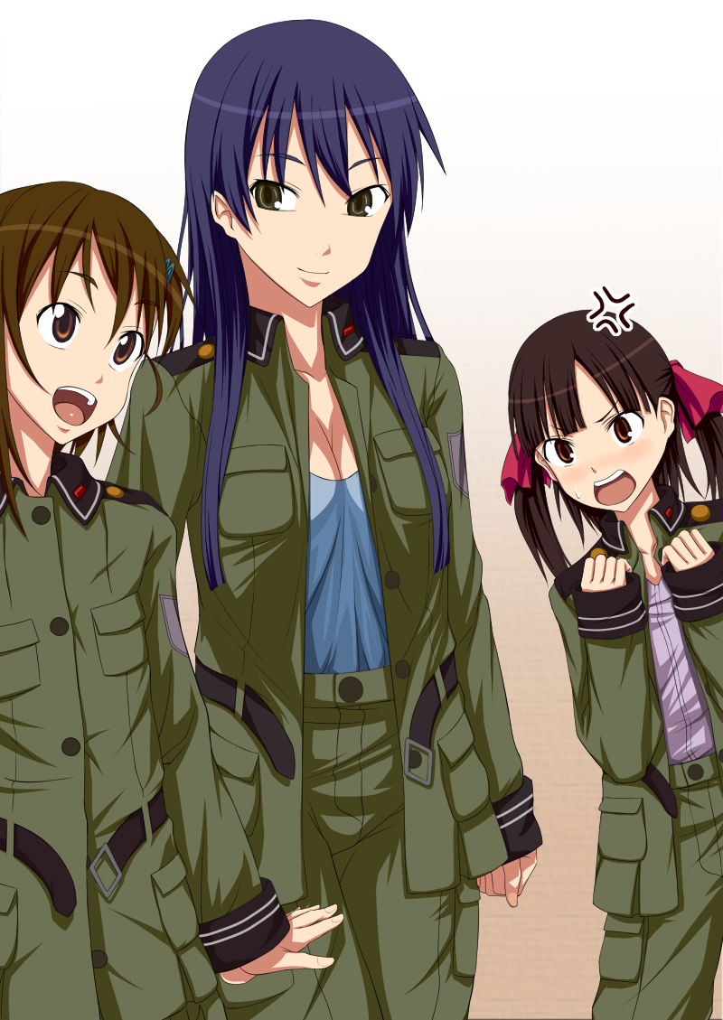 hamihe, kazumiya rio, sorami kanata, suminoya kureha, sora no woto, 3girls, angry, blue hair, breasts, brown hair, cleavage, green eyes, hair ornament, hair ribbon, hairclip, long hair, medium breasts, military, military uniform, multiple girls, ribbon, short hair, twintails