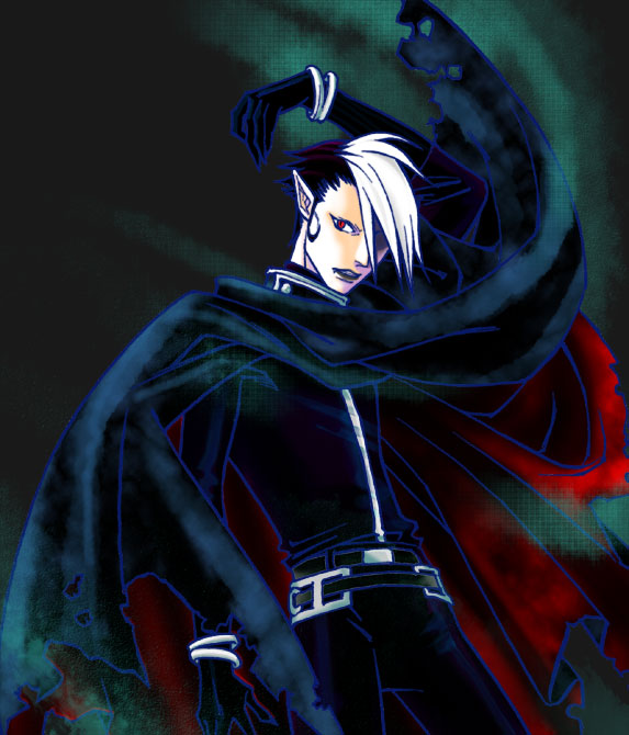 arystar krory, d.gray-man, 1boy, cape, male focus, multicolored hair, red eyes, solo, two-tone hair