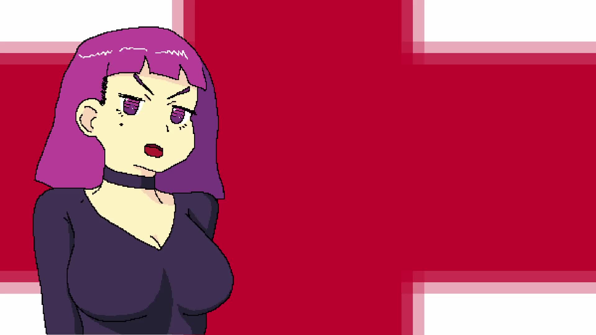 greathullabaloo, amelia (pathways), pathways (game), animated, commentary, english commentary, highres, video, 1girl, 2026, alternate breast size (larger), angry, black choker, black shorts, blunt bangs, bob cut, bouncing breasts, breasts, choker, cleavage, cross of saint george, english text, female focus, jiggle, large breasts, mole, mole under eye, pixel art, politics, pout, purple eyes, purple hair, short hair, shorts, solo, upper body