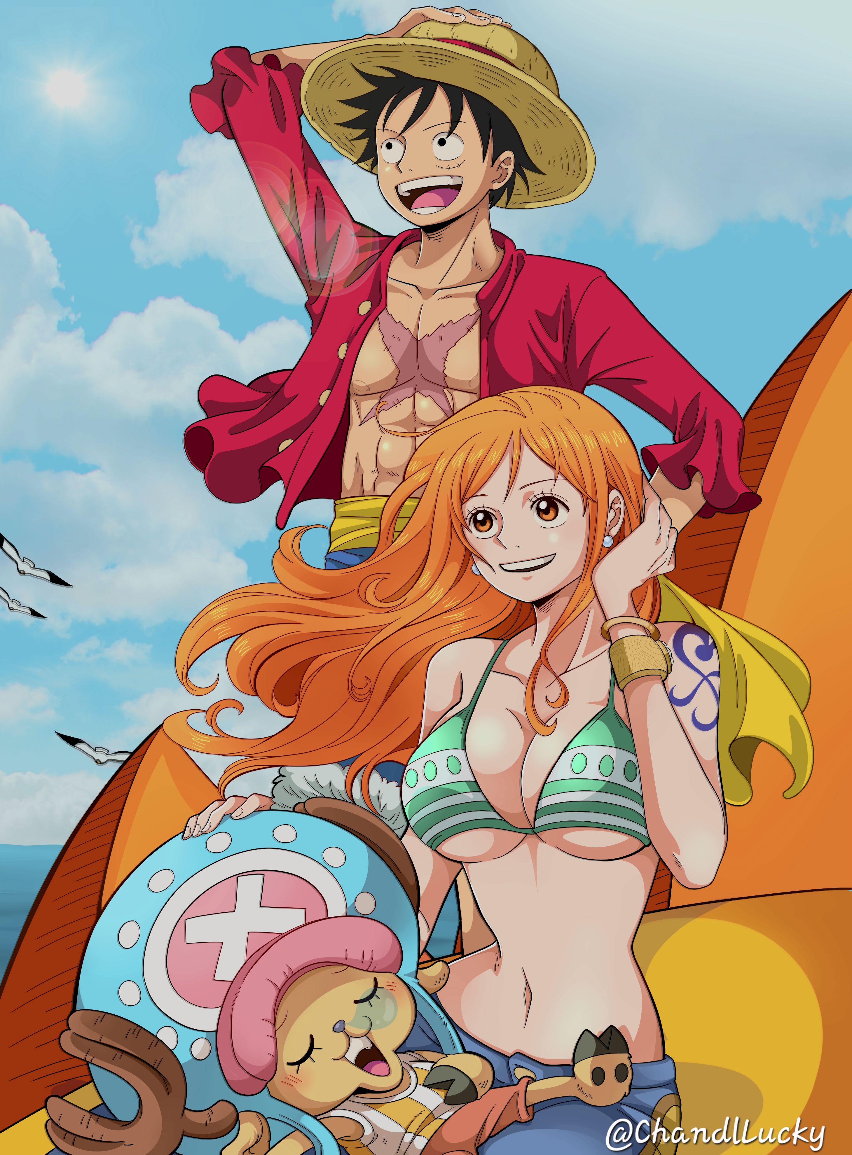 chandllucky, monkey d. luffy, nami (one piece), thousand sunny, tony tony chopper, one piece, absurdres, commentary, english commentary, highres, 1girl, 2boys, abs, animal ears, antlers, arm up, bangle, bare shoulders, bikini, bikini top only, bird, black hair, blue hat, blue pants, blue sky, bracelet, breasts, brown fur, cleavage, closed eyes, cloud, cloudy sky, collarbone, cross scar, day, deer ears, denim, earrings, facial scar, floating hair, green bikini, halterneck, hat, horizon, horns, jeans, jewelry, large breasts, log pose, long hair, lying on lap, multiple boys, navel, nose bubble, ocean, on lap, open clothes, open mouth, open shirt, orange hair, outdoors, pants, pearl earrings, red shirt, reindeer antlers, reindeer boy, sash, scar, scar on cheek, scar on chest, scar on face, shirt, shoulder tattoo, sitting, sky, sleeping, smile, stomach, straw hat, sun, swimsuit, tattoo, twitter username, wavy hair, yellow sash