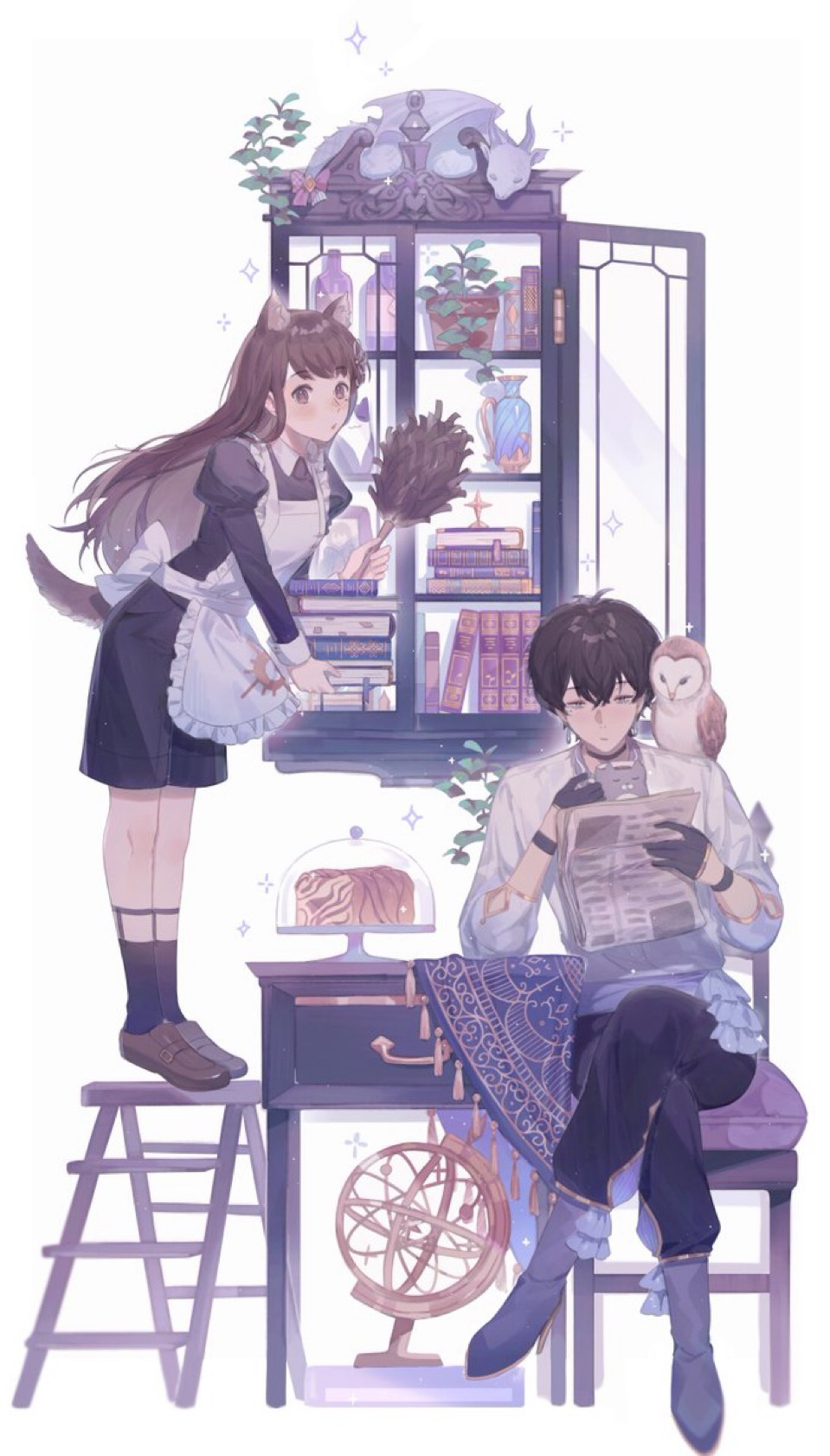 shinyshynii, original, commentary, english commentary, highres, 1boy, 1girl, :o, ||/, animal, animal ears, animal on shoulder, ankle strap, apron, armillary sphere, barn owl, bird, bird on shoulder, black gloves, black hair, black pants, black shirt, black shorts, black socks, black straps, book, book stack, bookshelf, boots, brown eyes, brown hair, brown shoes, cabinet, cake, cocoa (shinyshynii), cookie (shinyshynii), crossed bangs, crossed legs, cup, dragon, drawer, duster, earrings, elbow rest, feather duster, floating hair, flower pot, food, frilled apron, frills, gloves, hair between eyes, half-closed eyes, half gloves, holding, holding cup, holding duster, holding newspaper, jewelry, juliet sleeves, ladder, leaning forward, lid, light blush, loafers, long hair, long sleeves, looking at viewer, maid, maid apron, mole, mole under eye, mug, necklace, newspaper, on shelf, owl, pants, parted lips, plant, potted plant, puffy sleeves, purple boots, raven (shinyshynii), reading, shirt, shoes, short hair, short sleeves, shorts, simple background, sitting, sleeping, small dragon, socks, sparkle, standing, stepladder, swept bangs, tablecloth, tail, tassel, tiptoes, tray, vase, western dragon, white apron, white background, white shirt, white wrist cuffs, witch, wolf ears, wolf girl, wolf tail, wrist cuffs