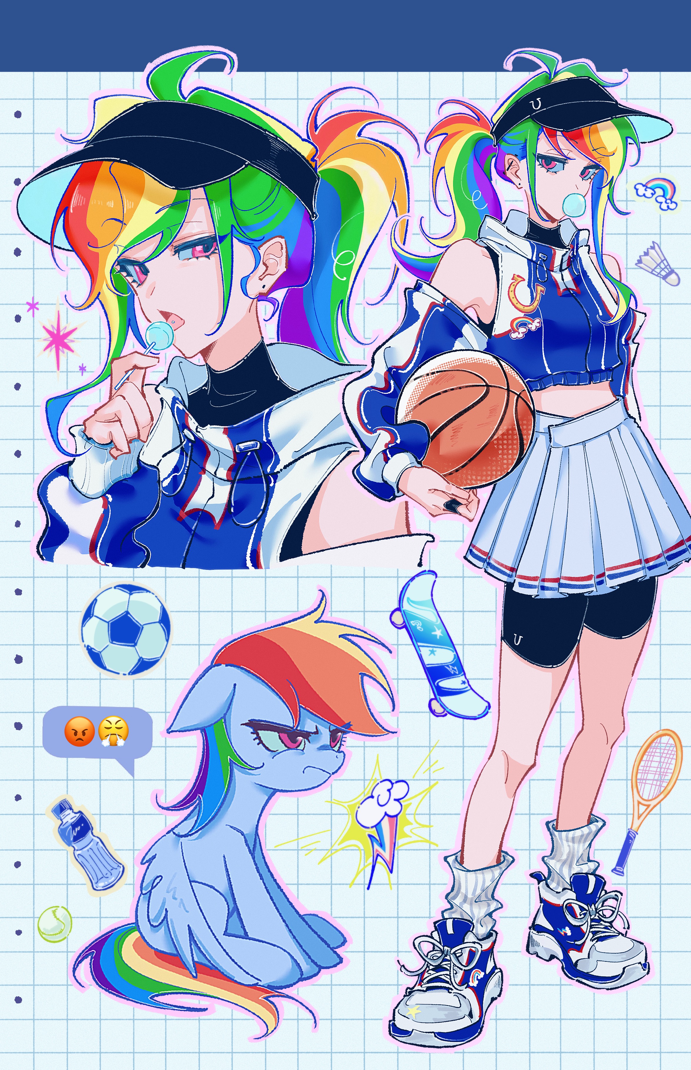 rainbow dash, my little pony, my little pony: friendship is magic, absurdres, chinese commentary, commentary request, highres, 1girl, alternate skin color, angry, angry face emoji, arm at side, ball, basketball (object), black hat, black shirt, black shorts, blowing bubble gum, blue jacket, bottle, chanyue, chewing gum, creature and personification, cropped jacket, cutie mark, detached sleeves, ear piercing, emoji, full body, grid background, half-closed eye, hand up, hat, hood, hood down, hooded jacket, horseshoe ornament, horseshoe print, jacket, jitome, long hair, looking at viewer, multicolored hair, multiple views, open mouth, outline, pegasus, personification, piercing, pink eyes, pink outline, pleated skirt, ponytail, racket, rainbow hair, shirt, shoes, shorts, shorts under skirt, simple background, sitting, skateboard, skirt, sleeveless, sleeveless jacket, sleeveless shirt, sneakers, soccer ball, socks, speech bubble, standing, swept bangs, tennis ball, tennis racket, tongue piercing, turtleneck, visor cap, water bottle, white background, white shoes, white skirt, white socks, wings