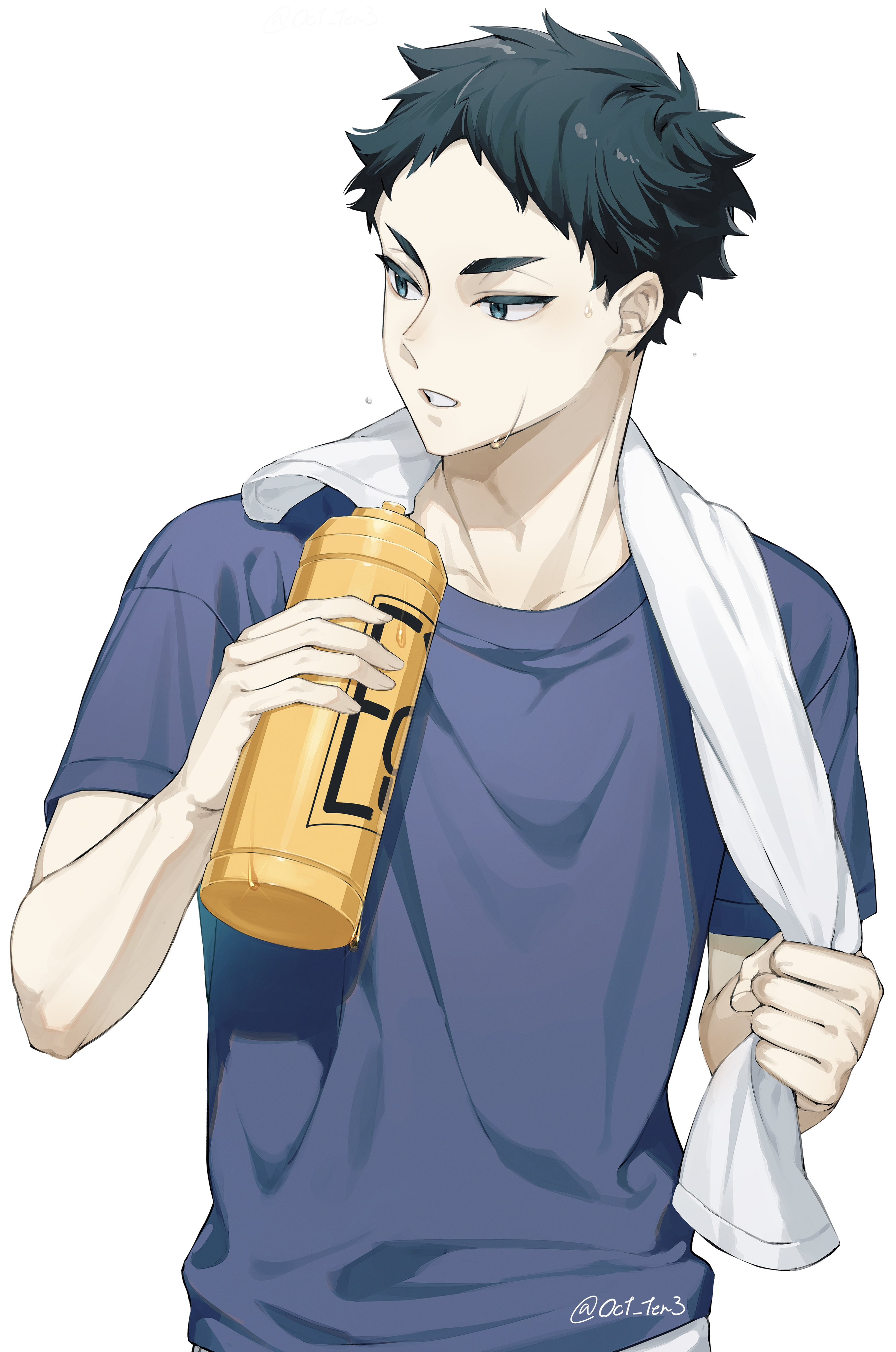 akaashi keiji, haikyuu!!, absurdres, highres, 1boy, black hair, blue shirt, bottle, male focus, oct ten3, shirt, short hair, simple background, solo, sweat, teeth, towel, towel around neck, twitter username, upper body, water bottle, white background