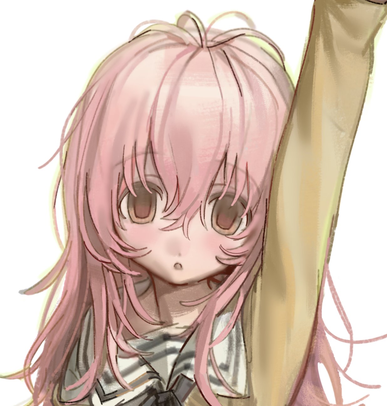 kofi-mo, mukou aoi (totono), kimi to kanojo to kanojo no koi., commentary request, cropped, highres, 1girl, :o, arm up, blush, brown eyes, hair between eyes, long hair, looking at viewer, messy hair, parted lips, pink hair, portrait, sailor collar, shirt, simple background, solo, white background, white sailor collar, yellow shirt