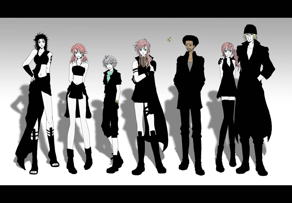 agatsuma kaoru, chicobo, hope estheim, lightning farron, oerba dia vanille, oerba yun fang, sazh katzroy, serah farron, snow villiers, final fantasy, final fantasy xiii, ghost in the shell, ghost in the shell: stand alone complex, 3boys, 4girls, afro, bad anatomy, bad proportions, beanie, bird, black theme, black thighhighs, blonde hair, frocobo, ghost in the shell lineup, hat, letterboxed, lineup, midriff, multiple boys, multiple girls, navel, parody, pink hair, poorly drawn, side ponytail, thigh strap, thighhighs, twintails, zettai ryouiki