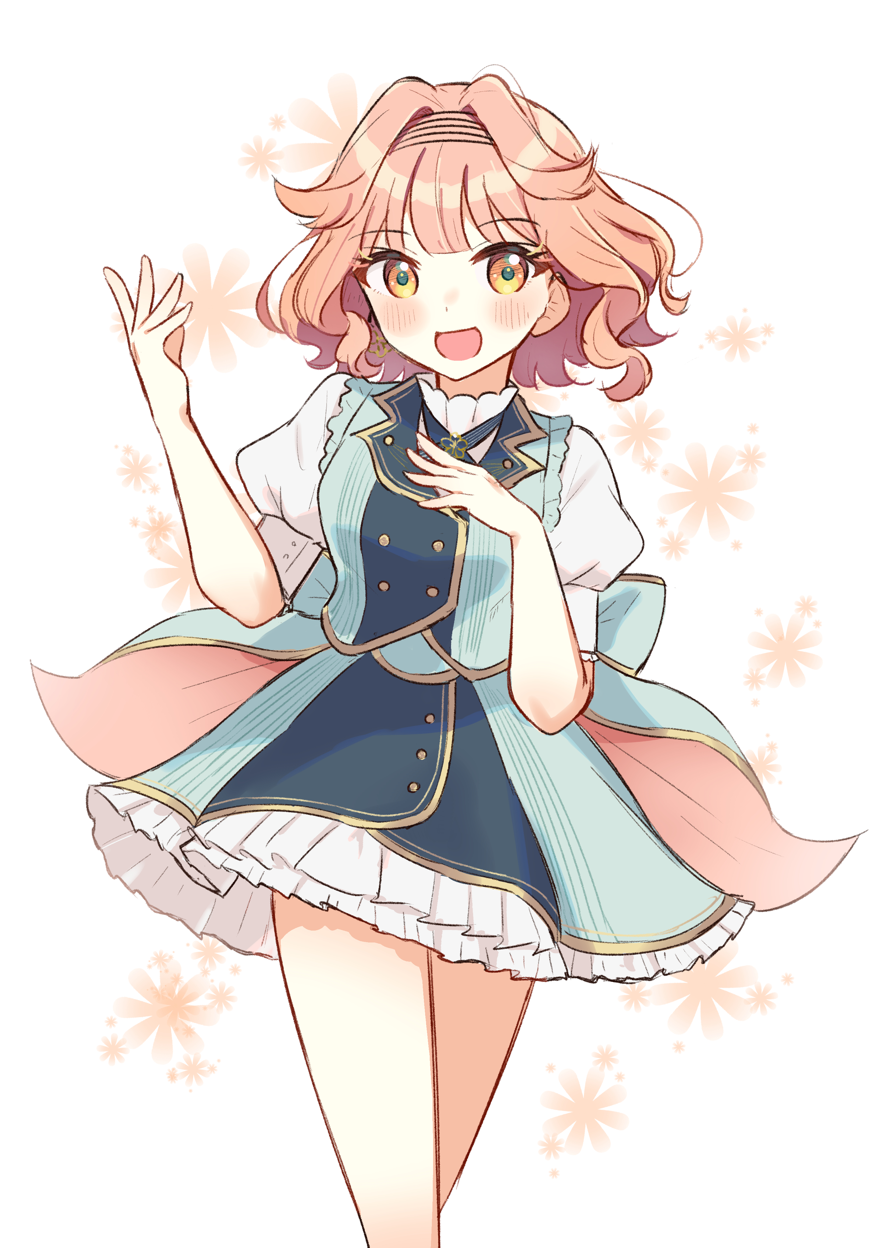 meteorite (yurenlin8), synthesizer v, vocaloid, absurdres, highres, 1girl, aqua bow, aqua jacket, aqua skirt, back bow, bow, buttons, earrings, floral background, frilled skirt, frills, hair intakes, hairband, hand on own chest, hand up, hibiki koto, jacket, jewelry, looking at viewer, medium hair, open mouth, orange eyes, orange hair, puffy short sleeves, puffy sleeves, short hair, short sleeves, single earring, skirt, smile, solo, white background