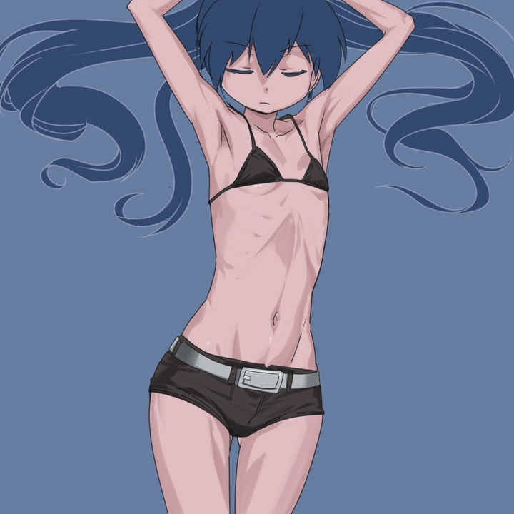 makacoon, black rock shooter (character), black rock shooter, 10s, 1girl, armpits, belt, bikini, bikini top only, black bikini, closed eyes, female focus, flat chest, hip bones, midriff, navel, ribs, short shorts, shorts, skinny, solo, swimsuit, thigh gap
