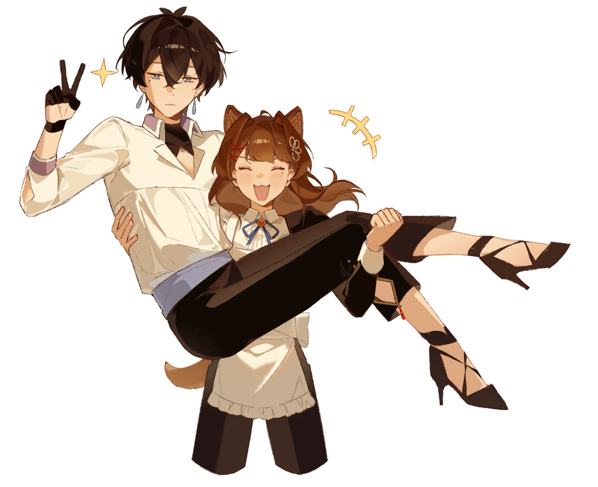 shinyshynii, original, commentary, english commentary, highres, +++, 1boy, 1girl, :3, :|, ^ ^, ahoge, animal ears, antenna hair, apron, arm up, belt, black gloves, black hair, black neckerchief, black pants, black shirt, black shoes, blue belt, blue eyes, blue ribbon, blunt bangs, brooch, brown hair, closed eyes, closed mouth, cocoa (shinyshynii), collar, cowboy shot, crossed bangs, double-parted bangs, floating hair, gloves, hair between eyes, hair intakes, high heels, jewelry, long sleeves, medium hair, messy hair, mole, mole under eye, neck ribbon, neckerchief, open mouth, pants, raven (shinyshynii), reverse princess carry, ribbon, shirt, shoes, short hair, simple background, smile, sparkle, tail, unamused, v, v-shaped eyebrows, white apron, white background, white collar, white shirt, white wrist cuffs, wolf ears, wolf girl, wolf tail, wrist cuffs