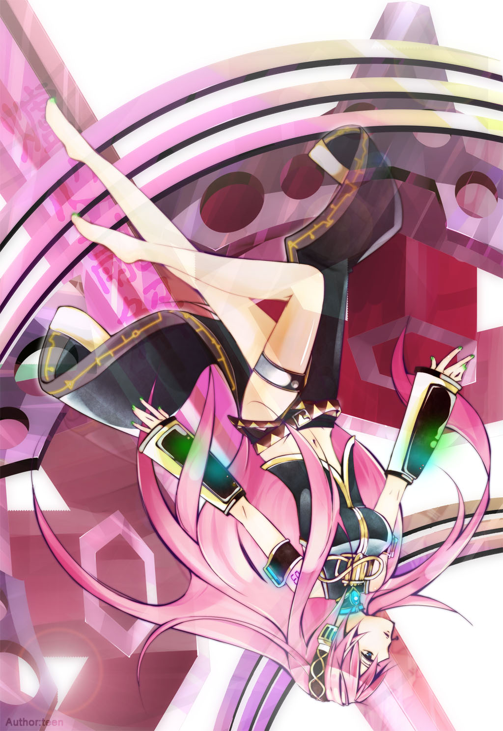 teen123, megurine luka, roshin yuukai (vocaloid), vocaloid, bad id, bad pixiv id, highres, 1girl, bad feet, blue eyes, breasts, feet, female focus, green nails, headphones, long hair, nail polish, panties, pink hair, skirt, solo, underwear