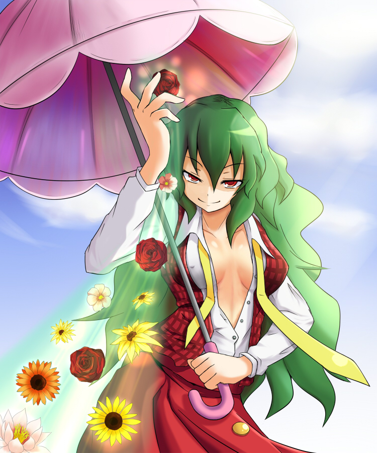 yunomi chawan, kazami yuuka, kazami yuuka (pc-98), mystic square, touhou, touhou (pc-98), bad id, bad pixiv id, 1girl, alternate hairstyle, breasts, breasts apart, cleavage, covered erect nipples, dress shirt, female focus, flower, green hair, grin, large breasts, long hair, necktie, no bra, open clothes, open shirt, parasol, plaid clothes, plaid vest, red eyes, rose, shirt, smile, smirk, solo, sunflower, umbrella, undone necktie, vest, yellow necktie