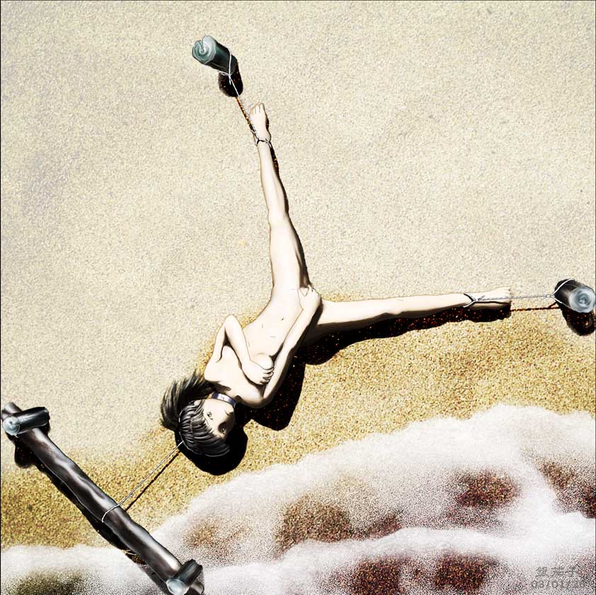 gin-nasu-en, original, breast hold, 1girl, barefoot, bdsm, beach, black hair, bondage, bound, breasts, collar, covering breasts, covering crotch, covering privates, dated, execution, feet, female focus, foam, from above, frown, lying, nude, nude cover, on back, outdoors, peril, public indecency, public nudity, rope, sand, signature, solo, spread legs, toes, torture, water, waves