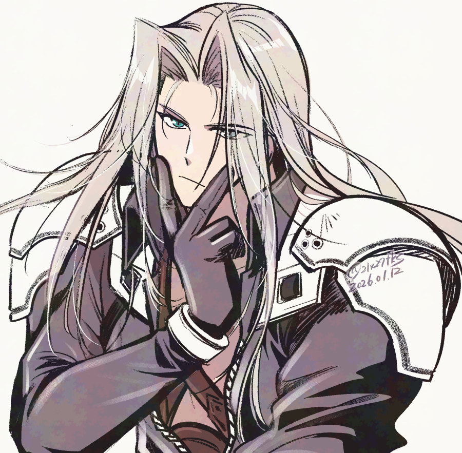 20x26tks, sephiroth, final fantasy, final fantasy vii, final fantasy vii remake, commentary request, 1boy, armor, black coat, black gloves, bracelet, chest strap, closed mouth, coat, dated, fingers to cheeks, gloves, grey hair, jewelry, long hair, long sleeves, looking at viewer, male focus, parted bangs, shoulder armor, simple background, solo, upper body, v