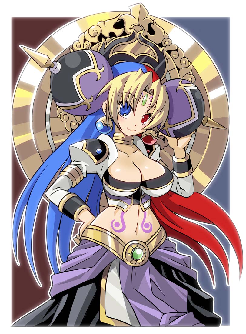 riita iga, balancile, baranshiiru, shinrabanshou, 1girl, breasts, cleavage, earrings, female focus, groin, hand on own hip, heterochromia, hip focus, jewelry, long hair, markings, multicolored hair, navel, smile, solo, tattoo