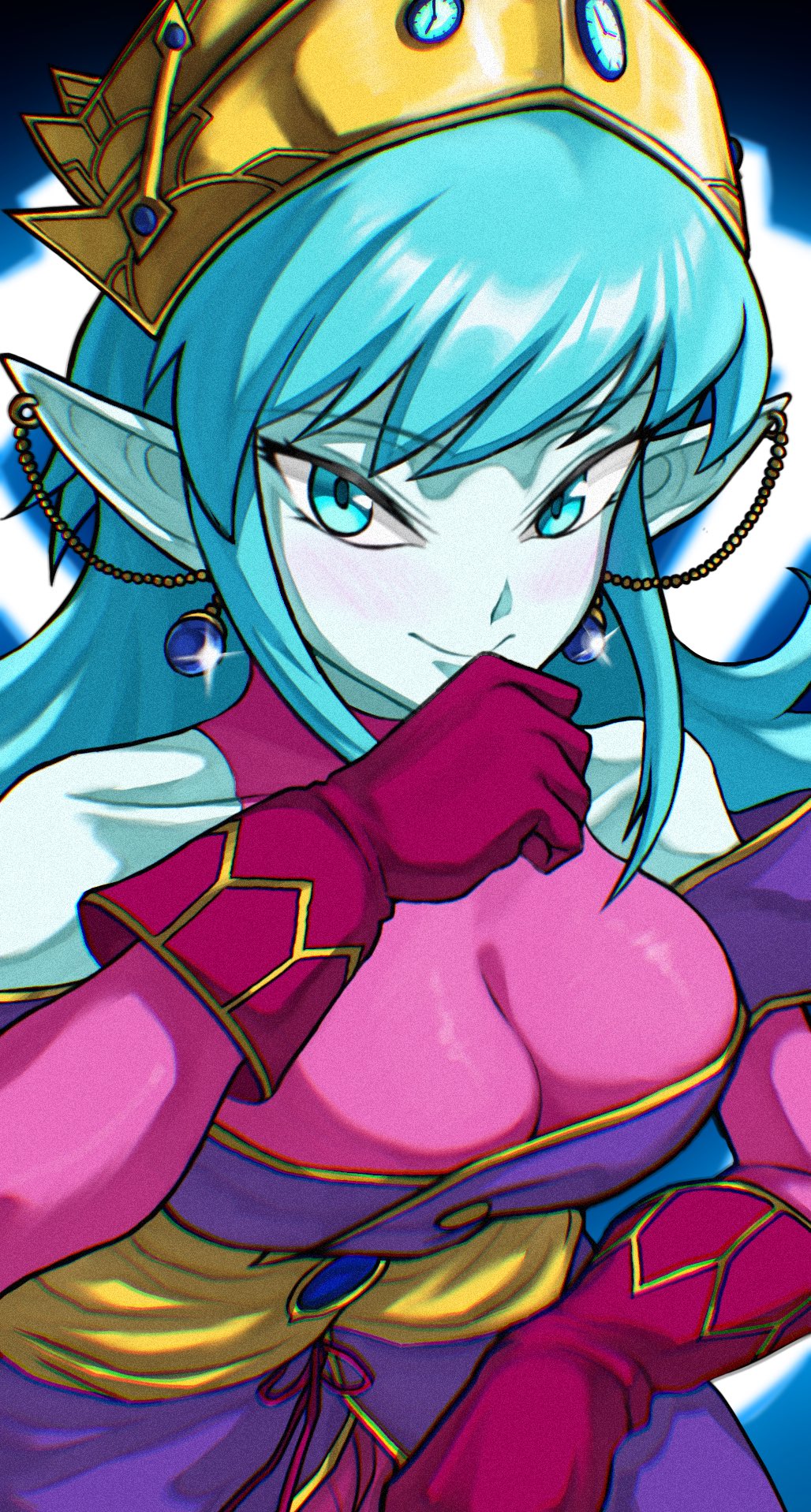 takundraws, aeos (dragon ball), dragon ball, dragon ball heroes, highres, 1girl, bare shoulders, blue eyes, blue hair, blue skin, breasts, cleavage, closed mouth, colored skin, earrings, gloves, jewelry, large breasts, long hair, looking at viewer, pointy ears, potara earrings, purple gloves, smile, solo, swept bangs